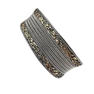 Stacked Chain Floral Scrollwork Silver Tone Gold Tone Accent Cuff 7” Bracelet